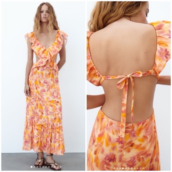 Zara Dresses & Skirts - Zara Flutter-Sleeve linen Open-Back Maxi Dress in Orange Floral